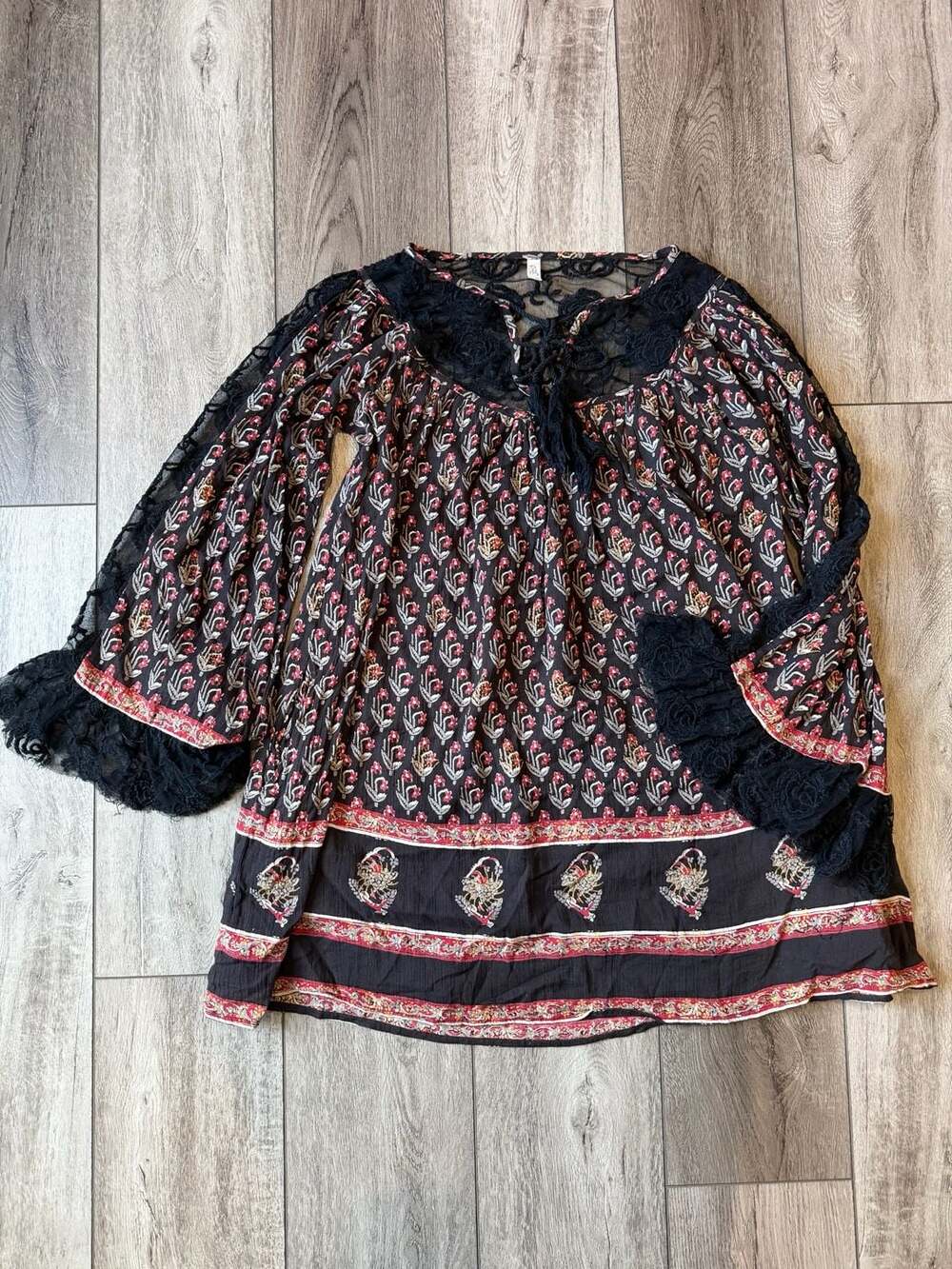 Free People Nomad Child  Boho Floral Lace Front Tunic Dress Size XS